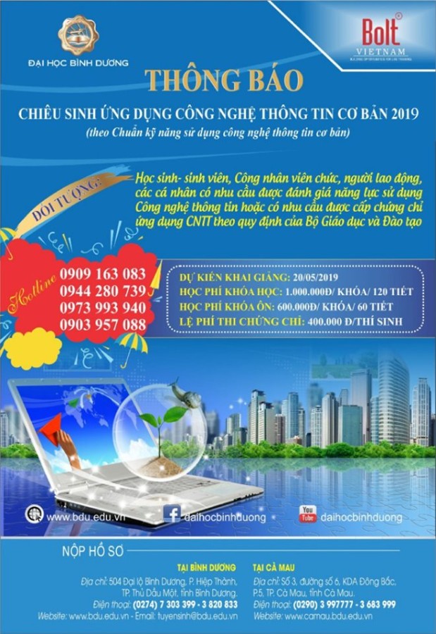 Thông báo chiêu sinh ứng dụng công nghệ thông tin cơ bản 2019